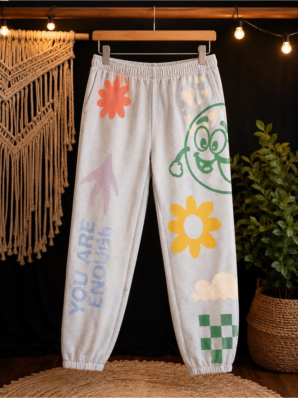 Graphic Light Gray Joggers with Multicolor Prints - YOU ARE ENOUGH